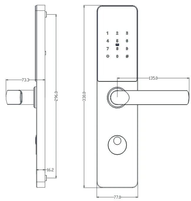 2065 TTLock Hotel Keypad Lock Dimensions