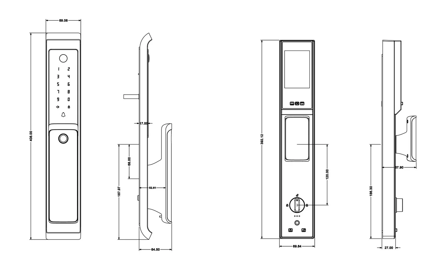 3S01 TTLock Fingerprint Door Viewer Lock Dimensions